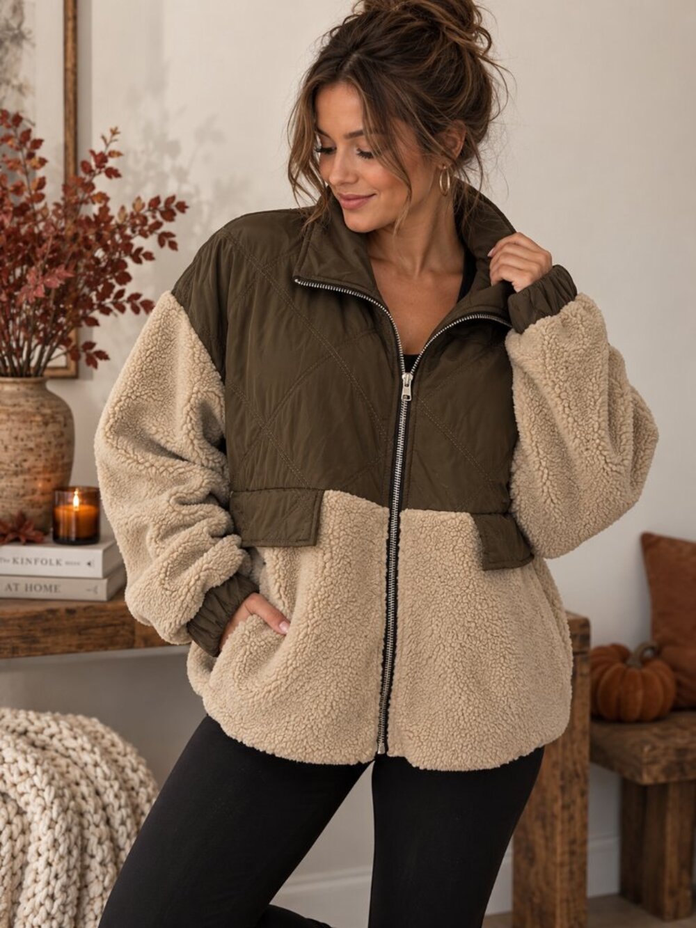 Olive Tan Teddy Sherpa Quilted Zip Jacket Size L